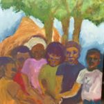 A painting of a group of children under a tree.