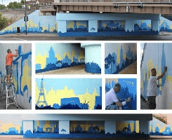 A series of photos showing people painting a mural on a bridge.