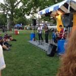 A group of people watching a band perform in a park.