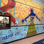 Colorful mural with diverse cartoon characters.